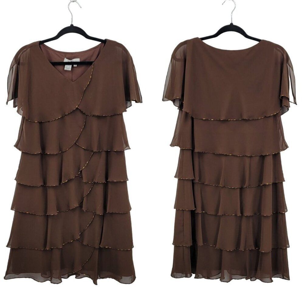 Vintage Sheer Chiffon Tiered Flutter Sleeve Cocktail Dress 10P‎ Brown Beaded